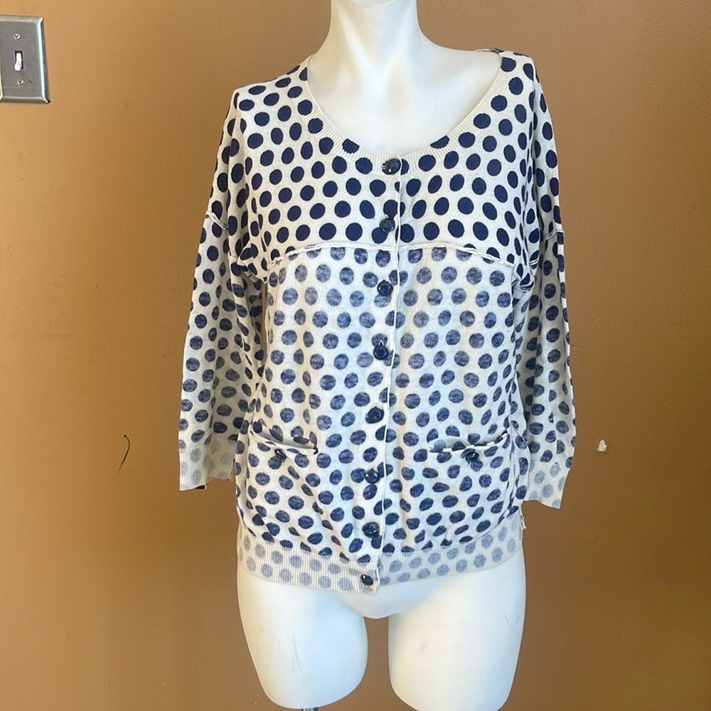 ANTHROPOLOGIE KNITTED & KNOTTED CARDIGAN SWEATER POLKA DOT COTTON BLEND SZ M